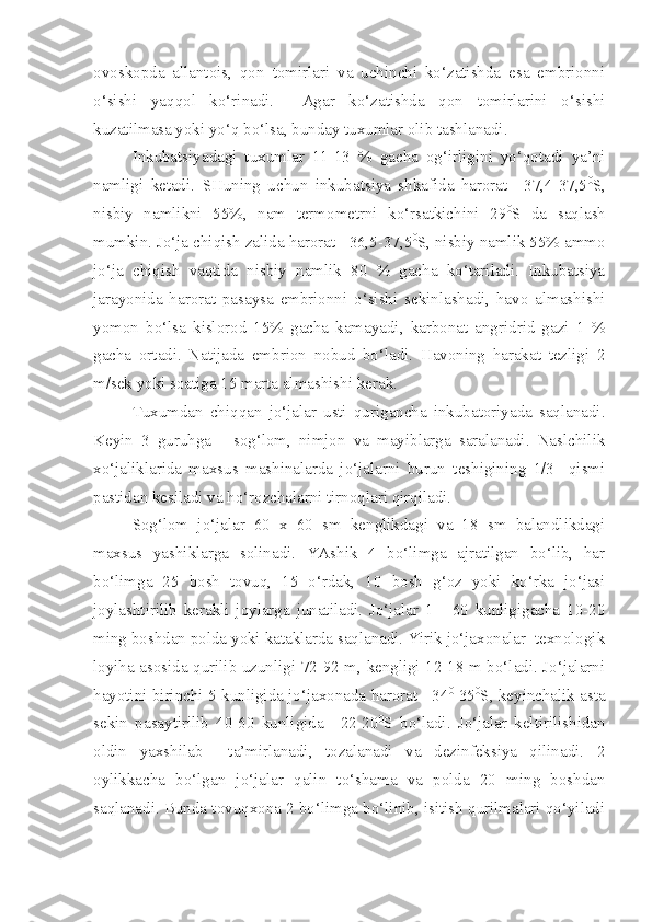 ovoskopda   allantois,   qon   tomirlari   va   uchinchi   ko‘zatishda   esa   embrionni
o‘sishi   yaqqol   ko‘rinadi.     Agar   ko‘zatishda   qon   tomirlarini   o‘sishi
kuzatilmasa yoki yo‘q bo‘lsa, bunday tuxumlar olib tashlanadi.
Inkubatsiyadagi   tuxumlar   11-13   %   gacha   og‘irligini   yo‘qotadi   ya’ni
namligi   ketadi.   SHuning   uchun   inkubatsiya   shkafida   harorat   +37,4-37,5 0
S,
nisbiy   namlikni   55%,   nam   termometrni   ko‘rsatkichini   29 0
S   da   saqlash
mumkin. Jo‘ja chiqish zalida harorat +36,5-37,5 0
S, nisbiy namlik 55% ammo
jo‘ja   chiqish   vaqtida   nisbiy   namlik   80   %   gacha   ko‘tariladi.   Inkubatsiya
jarayonida   harorat   pasaysa   embrionni   o‘sishi   sekinlashadi,   havo   almashishi
yomon   bo‘lsa   kislorod   15%   gacha   kamayadi,   karbonat   angridrid   gazi   1   %
gacha   ortadi.   Natijada   embrion   nobud   bo‘ladi.   Havoning   harakat   tezligi   2
m/sek yoki soatiga 15 marta almashishi kerak.
Tuxumdan   chiqqan   jo‘jalar   usti   qurigancha   inkubatoriyada   saqlanadi.
Keyin   3   guruhga   -   sog‘lom,   nimjon   va   mayiblarga   saralanadi.   Naslchilik
xo‘jaliklarida   maxsus   mashinalarda   jo‘jalarni   burun   teshigining   1/3     qismi
pastidan kesiladi va ho‘rozchalarni tirnoqlari qirqiladi.
Sog‘lom   jo‘jalar   60   x   60   sm   kenglikdagi   va   18   sm   balandlikdagi
maxsus   yashiklarga   solinadi.   YAshik   4   bo‘limga   ajratilgan   bo‘lib,   har
bo‘limga   25   bosh   tovuq,   15   o‘rdak,   10   bosh   g‘oz   yoki   ko‘rka   jo‘jasi
joylashtirilib   kerakli   joylarga   junatiladi.   Jo‘jalar   1   -   60   kunligigacha   10-20
ming boshdan polda yoki kataklarda saqlanadi. Yirik jo‘jaxonalar  texnologik
loyiha asosida qurilib uzunligi 72-92 m, kengligi 12-18 m bo‘ladi. Jo‘jalarni
hayotini birinchi 5 kunligida jo‘jaxonada harorat +34 0
-35 0
S, keyinchalik asta
sekin   pasaytirilib   40-60   kunligida   +22-20 0
S   bo‘ladi.   Jo‘jalar   keltirilishidan
oldin   yaxshilab     ta’mirlanadi,   tozalanadi   va   dezinfeksiya   qilinadi.   2
oylikkacha   bo‘lgan   jo‘jalar   qalin   to‘shama   va   polda   20   ming   boshdan
saqlanadi. Bunda tovuqxona 2 bo‘limga bo‘linib, isitish qurilmalari qo‘yiladi 