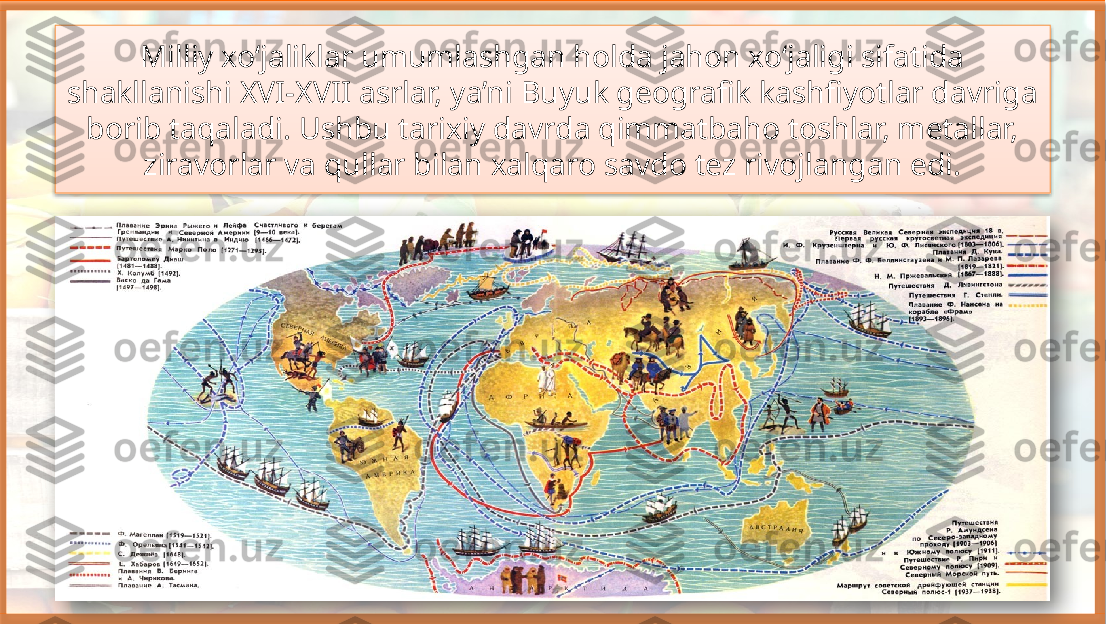 Milliy xo‘jaliklar umumlashgan holda jahon xo‘jaligi sifatida 
shakllanishi XVI-XVII asrlar, ya’ni Buyuk geografik kashfiyotlar davriga 
borib taqaladi. Ushbu tarixiy davrda qimmatbaho toshlar, metallar, 
ziravorlar va qullar bilan xalqaro savdo tez rivojlangan edi.    