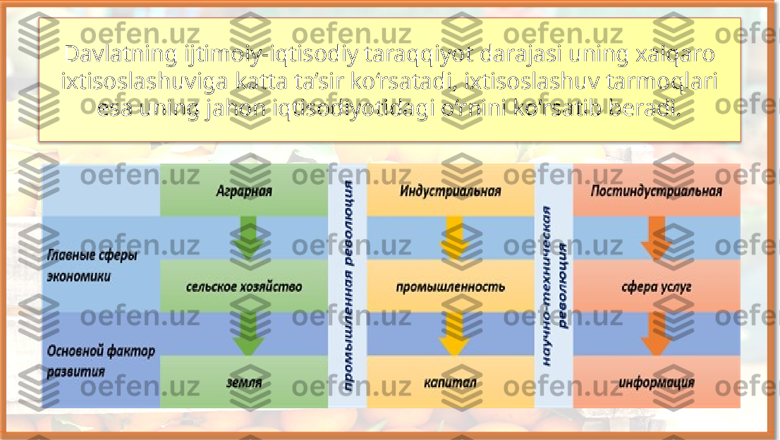 Davlatning ijtimoiy-iqtisodiy taraqqiyot darajasi uning xalqaro 
ixtisoslashuviga katta ta’sir ko‘rsatadi, ixtisoslashuv tarmoqlari 
esa uning jahon iqtisodiyotidagi o‘rnini ko‘rsatib beradi.   