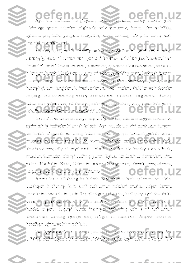 Ayni   shu   ma’noda   biz   g‘oyalar,   narsalar,   voqealar,   tarixiy   shaxslar   yoki
o‘zimizga   yaqin   odamlar   to‘g‘risida   so‘z   yuritamiz,   bunda   ular   yo‘qlikka
aylanmagani,   balki   yangicha   mavjudlik,   xotira   tarzidagi   o‘zgacha   borliq   kasb
etganini nazarda tutamiz. 
Shunday   qilib,   borliq   falsafiy   kategoriya   sifatida   dunyoni   butun   rang-
barangligi   va   turli-tuman   namoyon   bo‘lish   shakllari   bilan   yaxlit   aks   ettirish
imkonini beradi . Bunda narsalar, predmetlar, hodisalar o‘z xususiyatlari, xossalari
bilan jamuljam holda aks etadi. Dunyoni va uning tarkibiy qismi bo‘lmish insonni
bilish yo‘lidagi bu muhim qadam bilan dunyoning tabiati va mohiyati, uning rang-
barangligi, turli darajalari, ko‘rsatkichlari, ramz-alomatlari, shakllari va hokazolar
haqidagi   mulohazalarning   asosiy   koordinatalar   sistemasi   belgilanadi.   Buning
uchun mohiyat, hodisa, substansiya, materiya, ong, makon, vaqt, qonun kabi yangi
falsafiy kategoriyalar muomalaga kiritiladi. 
Inson o‘zi va umuman dunyo haqida o‘ylar ekan, odatda muayyan narsalar va
ayrim  tabiiy  hodisalar   bilan   ish  ko‘radi.  Ayni  vaqtda  u  o‘zini  qurshagan  dunyoni
sinchiklab   o‘rganish   va   uning   butun   rang-barangligini   tushunib   yetish   uchun
muayyan   tayanch   nuqtasi   bo‘lib   xizmat   qiladigan   qandaydir   asosning   shak-
shubhasiz   mavjudligini   qayd   etadi.   Falsafa   tarixidan   biz   bunday   asos   sifatida,
masalan,  Suqrotdan oldingi  qadimgi  yunon faylasuflarida tabiat  elementlari, o‘rta
asrlar   falsafasida   Xudo,   Dekartda:   «Men   fikrlayapman,   demak,   mavjudman»,
degan ongli inson amal qilganini ko‘ramiz. 
Ammo   inson   bilishning   bu   birinchi   bosqichida   to‘xtab   qolmagan   va   o‘zini
qurshagan   borliqning   ko‘p   sonli   turli-tuman   holatlari   orasida   qolgan   barcha
narsalardan sezilarli darajada farq qiladigan narsalarni, borliqning ayni shu shakli
voqelikning   boshqa   shakllari   va   holatlaridan   nima   bilan   farq   qilishini   aniqlashga
harakat   qilgan.   Bugungi   kunda   insoniyat   borliqning   ko‘p   sonli   turli-tuman
shakllaridan   ularning   ayniqsa   aniq   bo‘lgan   bir   nechtasini   farqlash   imkonini
beradigan tajriba va bilim to‘pladi. 
Borliq shakllari.  Inson barcha jonli narsalar jonsiz narsalardan butunlay farq
qilishiga qadimdayoq e’tibor bergan, lekin buni ancha keyin tushunib ketgan. O‘z 