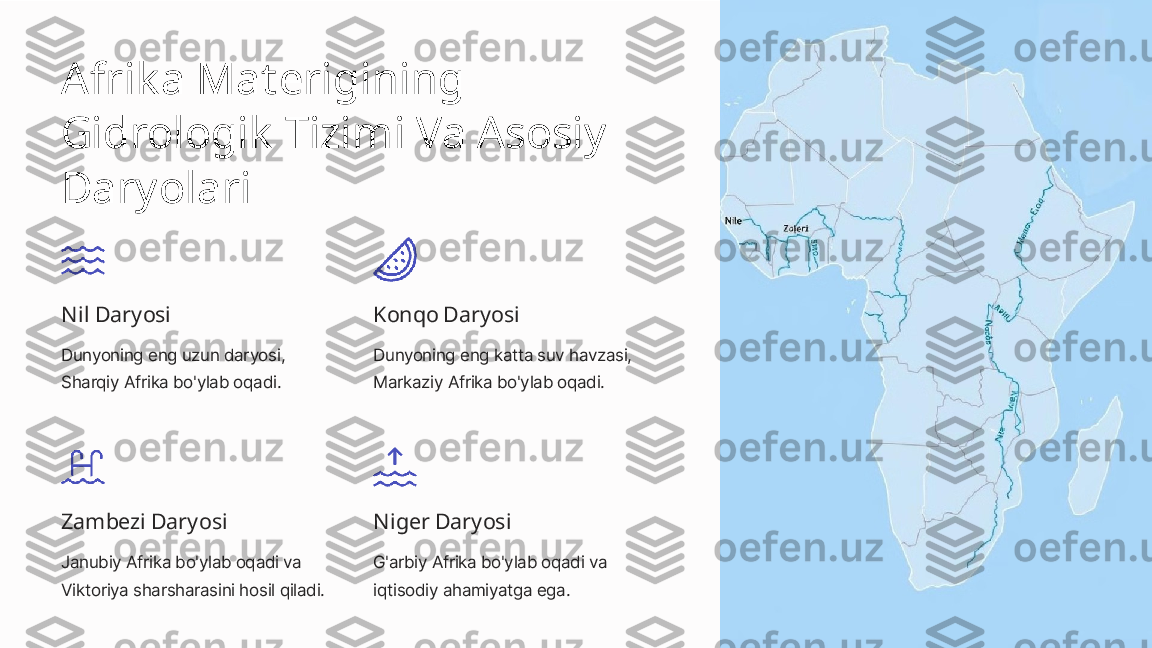 Afrik a Materigining 
Gidrologik  Tizimi Va Asosiy 
Daryolari
Nil Daryosi
Dunyoning eng uzun daryosi, 
Sharqiy Afrika bo'ylab oqadi. Konqo Daryosi
Dunyoning eng katta suv havzasi, 
Markaziy Afrika bo'ylab oqadi.
Zambezi Daryosi
Janubiy Afrika bo'ylab oqadi va 
Viktoriya sharsharasini hosil qiladi. Niger Daryosi
G'arbiy Afrika bo'ylab oqadi va 
iqtisodiy ahamiyatga ega. 