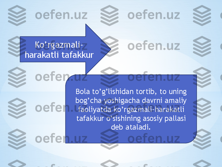 Ko’rgazmali-
harakatli tafakkur
Bola to’g’lishidan tortib, to uning 
bog’cha yoshigacha davrni amaliy 
faoliyatda ko’rgazmali-harakatli 
tafakkur o’sishining asosiy pallasi 
deb ataladi. 