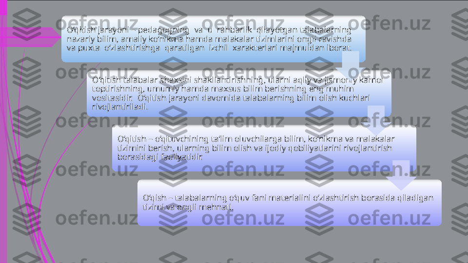 O’qitish jarayoni – pedagogning  va  u  rahbarlik  qilayotgan talabalarning 
nazariy bilim, amaliy ko’nikma hamda malakalar tizimlarini ongli ravishda 
va puxta  o’zlashtirishga  qaratilgan  izchil  xarakterlari majmuidan iborat.
O’qitish talabalar shaxsini shakllantirishning, ularni aqliy va jismoniy kamol 
toptirishning, umumiy hamda maxsus bilim berishning eng muhim 
vositasidir.  O’qitish jarayoni davomida talabalarning bilim olish kuchlari 
rivojlantiriladi.
O’qitish – o’qituvchining ta’lim oluvchilarga bilim, ko’nikma va malakalar 
tizimini berish, ularning bilim olish va ijodiy qobiliyatlarini rivojlantirish 
borasidagi faoliyatidir.
O’qish – talabalarning o’quv fani materialini o’zlashtirish borasida qiladigan 
tizimi va ongli mehnati.                   