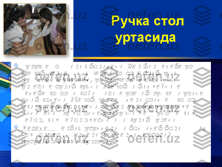 Ручка стол 
уртасида  

Гурухга топширик берилади. Хар бир талаба уз 
жавоб вариантини варак когозга ёзиб, уни 
кушнисига узатади, уз ручкасини столнинг 
уртасига суриб куяди. Жавобни билмайдиган 
талаба когозни кейингисига узатиб ручкани узида 
олиб колади. Жавоб вариантлари ёзилган когоз 
укитувчига берилади ва биргаликда мухокама 
килинади. Бу методда укитувчи машгулотга ким 
тайёр, ким тайёр эмаслигини куриб туради. 

Масалан:  Тарбия усулларини белгилаб беринг. Ёки 
темперамент турлари ва уларнинг асосий 
хусусиятларини курсатинг.  