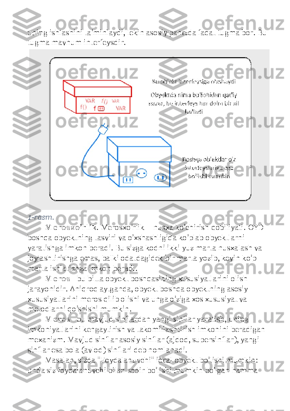 uning ishlashini ta'minlaydi, lekin asosiy panelda faqat tugma bor.  Bu 
tugma mavhum interfeysdir. 
1- rasm . 
Merosxo ’ rlik .  Merosxo ’ rlik  –  nusxa   ko ’ chirish   qobiliyati .  OYD  
boshqa   obyektning   tasviri   va   o ’ xshashligida   ko ’ plab   obyektlarni  
yaratishga   imkon   beradi .  Bu   sizga   kodni   ikki   yuz   marta   nusxalash   va  
joylashtirishga   emas ,  balki   odatdagidek   bir   marta   yozib ,  keyin   ko ’ p  
marta   ishlatishga   imkon   beradi . 
Meros  - bu bitta obyekt boshqasining xususiyatlarini olish 
jarayonidir. Aniqroq aytganda, obyekt boshqa obyektning asosiy 
xususiyatlarini meros qilib olishi va unga o’ziga xos xususiyat va 
metodlarni qo’shishi mumkin. 
Meros  - bu mavjud sinflardan yangi sinflar yaratish, uning 
imkoniyatlarini kengaytirish va takomillashtirish imkonini beradigan 
mexanizm. Mavjud sinflar asosiy sinflar (ajdod, supersinflar), yangi 
sinflar esa bola (avlod) sinflari deb nomlanadi. 
Masalan, sizda "Foydalanuvchi" ideal obyekt bo’lishi mumkin: 
unda siz foydalanuvchi bilan sodir bo’lishi mumkin bo’lgan hamma  