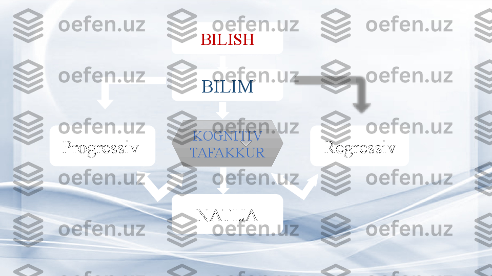 BILISH
BILIM
Progressiv 
NATIJA RegressivKOGNITIV 
TAFAKKUR  