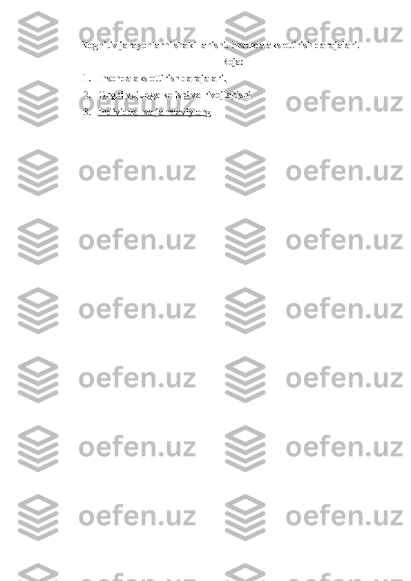 Kognitiv jarayonlarni shaklllanishi. Insonda aks ettirish darajalari.
Reja:
1. Insonda aks ettirish darajalari.   
2. Ongni vujudga kelishi va rivojlanishi   
3. Individual va jamoaviy ong    