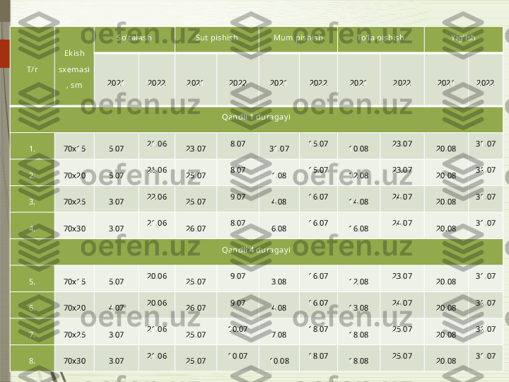 T/r Ek ish 
sxemasi
, sm So‘t a lash Sut  pishish Mum pishish To‘la pishish Y ig‘ish
20 21 202 2 20 21 202 2 20 21 202 2 20 21 202 2 20 21 202 2
Qandli 1 duragay i
1. 70x15 5.07 21.06
23.07 8.07
31.07 15.07
10.08 23.07
20.08 31.07
2. 70x20 5.07 21.06
25.07 8.07
1.08 15.07
12.08 23.07
20.08 31.07
3. 70x25 3.07 22.06
25.07 9.07
4.08 16.07
14.08 24.07
20.08 31.07
4. 70x30 3.07 21.06
26.07 8.07
6.08 16.07
16.08 24.07
20.08 31.07
Qandli 4 duragay i
5. 70x15 5.07 20.06
25.07 9.07
3.08 16.07
12.08 23.07
20.08 31.07
6. 70x20 4.07 20.06
26.07 9.07
4.08 16.07
13.08 24.07
20.08 31.07
7. 70x25 3.07 21.06
25.07 10.07
7.08 18.07
18.08 25.07
20.08 31.07
8. 70x30 3.07 21.06
25.07 10.07
10.08 18.07
18.08 25.07
20.08 31.07              