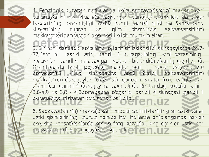 4.  Fenologik  kuzatish  natijalariga  ko‘ra  sabzavot(shirin)  makkajo‘xori 
duragaylarini  o‘stirilganda  tanlangan  duragay  o‘simliklarida  o‘suv 
fazalarining  davomiyligi  75-80  kunni  tashkil  qildi  va  Samarqand 
viloyatining  tuproq  va  iqlim  sharoitida  sabzavot(shirin) 
makkajo‘xoridan yuqori don hosili olish mumkin ekan.  
 
5.  Birinchi dastlabki so‘taning joylashish balandligi  duragay larda 24,7- 
37,1sm  ni    tashkil  etib,  qandli  1  duragayining  1-chi  so‘ta si ning   
joylashishi  qandl 4 duragayi ga nisbatan  balandda ekanligi qayd etildi. 
O‘simliklarda  bosh  poyadagi  barglar  soni  –  navlar  bo‘yicha  8,0 
donadan8,3  -13,4  donagacha  hosil  bo‘ldi.  Sabzavot(shirin) 
makkajo‘xori duragaylari  ekib o‘stirilganda, nisbatan ko‘p  barglangan 
o‘simliklar  qandli  4  duragayida  qayd  etildi.  Bir  tupdagi  so‘talar  soni  – 
3,6-4,0  va  3,8  -  4,3donagacha  o‘zgarib,  qandli  4  duragayi  qandli  1 
duragayiga   nisbatan ko‘p so‘ta hosil qildi. 
 
6.  Sabzavot(shirin)  makkajo‘xori    modul  o‘simliklarining  er  ostki  va  er 
ustki  qismlarining    quruq  hamda  ho‘l  hollarda  aniqlanganda  navlar 
bo‘yicha  ko‘rsatkichlarda  keskin  farq  kuzatildi.  Eng  og‘ir  er  ustki  ho‘l 
massas i qandli 4 duragayida  aniqlandi. 
               