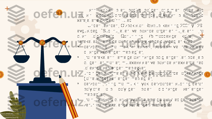 Ishni  ko‘rish  bilan  bog‘liq  bo‘lgan  chiqimlar  ichida  sud 
majlisini  videokonferensaloqa  rejimida  o‘tkazish  bilan  bog‘liq 
xarajatlar alohida o‘rin tutadi. 
Undan tashqari, O‘zbekiston Respublikasining 2001-yil 29-
avgustdagi  “Sud  hujjatlari  va  boshqa  organlar  hujjatlarini  ijro 
etish  to‘g‘risida”gi  Qonunining  75-moddasiga  ko‘ra,  ijro 
harakatlarini amalga oshirish xarajatlariga quyidagilar kiradi:
•
qarzdorning  mol-mulkini  tashish,  saqlash  va  realizatsiya 
qilishga sarflangan mablag‘lar;
•
ijro  harakatlarini  amalga  oshirishga  belgilangan  tartibda  jalb 
etilgan  tarjimonlar,  mutaxassislar  va  boshqa  shaxslarga  haq 
to‘lashga sarflangan mablag‘lar;
•
undirilgan summalarni undiruvchiga pochta orqali o‘tkazishga 
(jo‘natishga) sarflangan mablag‘lar;
•
qarzdorni,  uning  mol-mulkini  yoki  qarzdordan  sudning  qarori 
bo‘yicha  olib  qo‘yilgan  bolani  qidirishga  sarflangan 
mablag‘lar;
•
ijro hujjatini ijro etish jarayonida amalga oshiriladigan boshqa 
zarur ijro harakatlariga sarflangan mablag‘lar.    