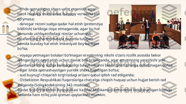 - ishda qatnashgan shaxs vafot etganida, agar 
nizoli huquqiy munosabat huquqiy vorislikka yo‘l 
qo‘ymasa;
- da’vogar nizoni sudga qadar hal etish (pretenziya 
bildirish) tartibiga rioya etmaganida, agar bu hol 
qonunda ushbu toifadagi nizolar uchun yoki 
taraflarning shartnomasida nazarda tutilgan 
hamda bunday hal etish imkoniyati boy berilgan 
bo‘lsa;
- voyaga yetmagan bolalari bo‘lmagan erxotinning nikohi o‘zaro rozilik asosida bekor 
qilinganligini qayd etish uchun davlat boji to‘langanda, agar erxotinning yarashishi yoki 
ulardan birining sudga kelmaganligi tufayli nikohni bekor qilish amalga oshirilmagan bo‘lsa;
- agar ishda qatnashayotgan yuridik shaxs tugatilgan bo‘lsa;
- sud buyrug‘i chiqarish to‘g‘risidagi arizani qabul qilish rad etilganda;
- O‘zbekiston Respublikasi fuqarolariga chet elga chiqish huquqi uchun hujjat berish rad 
etilganda (Soliq kodeksining 342-moddasi).
Davlat boji O‘zbekiston Respublikasi Vazirlar Mahkamasi tomonidan belgilanadigan boshqa 
hollarda ham to‘liq yoki qisman qaytarilishi mumkin.     