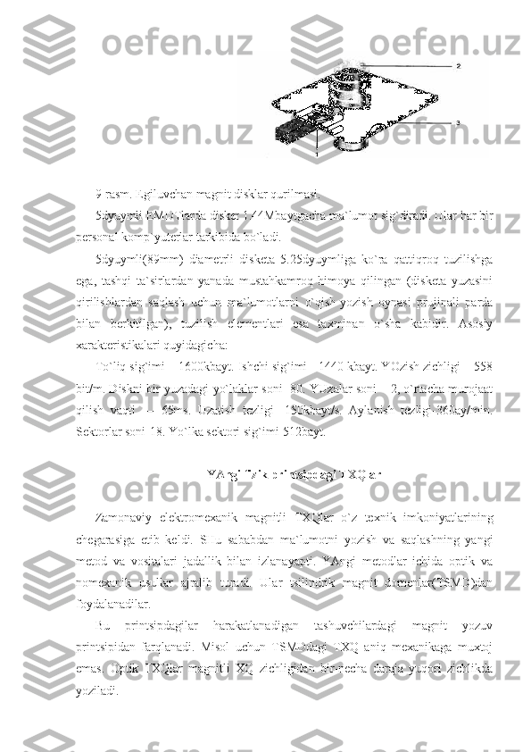  
9-rasm. Egiluvchan magnit disklar qurilmasi. 
5dyuymli EMDTlarda disket 1.44Mbaytgacha ma`lumot sig`diradi. Ular har bir
personal komp`yuterlar tarkibida bo`ladi. 
5dyuymli(89mm)   diametrli   disketa   5.25dyuymliga   ko`ra   qattiqroq   tuzilishga
ega,   tashqi   ta`sirlardan   yanada   mustahkamroq   himoya   qilingan   (disketa   yuzasini
qirilishlardan   saqlash   uchun   ma`lumotlarni   o`qish-yozish   oynasi   prujinali   parda
bilan   berkitilgan),   tuzilish   elementlari   esa   taxminan   o`sha   kabidir.   Asosiy
xarakteristikalari quyidagicha:  
To`liq sig`imi – 1600kbayt. Ishchi sig`imi - 1440 kbayt. YOzish zichligi – 558
bit/m. Diskni bir yuzadagi yo`laklar soni- 80. YUzalar soni – 2, o`rtacha murojaat
qilish   vaqti   —   65ms.   Uzatish   tezligi   -150kbayt/s.   Aylanish   tezligi-360ay/min.
Sektorlar soni-18. Yo`lka sektori sig`imi-512bayt. 
             
YAngi fizik printsipdagi TXQlar 
 
Zamonaviy   elektromexanik   magnitli   TXQlar   o`z   texnik   imkoniyatlarining
chegarasiga   etib   keldi.   SHu   sababdan   ma`lumotni   yozish   va   saqlashning   yangi
metod   va   vositalari   jadallik   bilan   izlanayapti.   YAngi   metodlar   ichida   optik   va
nomexanik   usullar   ajralib   turadi.   Ular   tsilindrik   magnit   domenlar(TSMD)dan
foydalanadilar. 
Bu   printsipdagilar   harakatlanadigan   tashuvchilardagi   magnit   yozuv
printsipidan   farqlanadi.   Misol   uchun   TSMDdagi   TXQ   aniq   mexanikaga   muxtoj
emas.   Optik   TXQlar   magnitli   XQ   zichligidan   bir-necha   daraja   yuqori   zichlikda
yoziladi.   