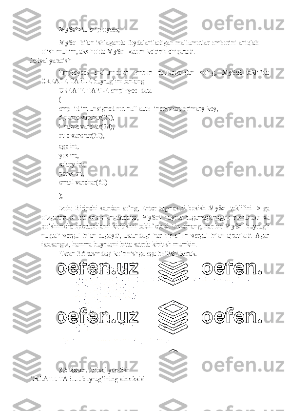 11MySql >\u   employees;
MySql   bilan   ishlaganda   foydalaniladigan   ma`lumotlar   omborini   aniqlab  
olish   muhim,   aks   holda   MySql   xatoni   keltirib chiqaradi.
Jadval   yaratish
Employees ma`lumotlar ombori tanlangandan so’ng, MySql taklifida
CREATE   TABLE   buyrug’ini   tanlang.
CREATE TABLE employee_data
(
emp_id   int   unsigned   not   null   auto_increment   primary   key,  
f_name   varchar(20),
l_name varchar(20),
title   varchar(30),
age int,  
yos int,  
salary int,
perks   int,
email   varchar(60)
);
Izoh:   Birinchi   satrdan   so’ng,   Enter   tugmasini   bosish   MySql   taklifini   ->   ga
o’zgartiradi.   Bu   shuni   anglatadiki,   MySql   buyruq   tugamaganligini   tushunadi   va
qo’shimcha operatorlarni kiritishni taklif etadi. Unutmang, har bir  MySql  buyrug’i
nuqtali   vergul   bilan   tugaydi,   ustundagi   har   bir   e`lon   vergul   bilan   ajratiladi.   Agar
istasangiz,   hamma   buyruqni   bitta   satrda   kiritish mumkin.
Ekran   3.6   rasmdagi   ko’rinishga   ega   bo’lishi   kerak.
3.6 Rasm.   Jadval   yaratish
CREATE   TABLE   buyrug’ining   sintaksisi 