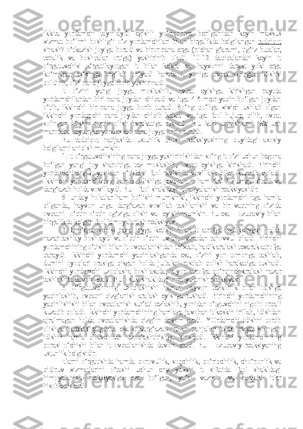 ikkita   yordamchi   tayinlaydi.Tegishli   yo‘riqnoma   berilganidan   keyin   maxsus
xizmat   bo‘limi   boshlig‘i   o‘z   yordamchilari   bilan   birgalikda   belgilangan   tadqiqot
sinash? o‘tkazish joyiga boradi va biror pana erga (pichan g‘arami, tig‘iz butalar,
tepalik   va   boshqalar   ortiga)   yashirinib   oladi.   10-12   daqiqalardan   keyin   it
o‘rgatuvchisi   o‘rgatilayotgan   it   bilan   keladi   va   hayvonni   daraxt   yoki   erga
ko‘milgan   to‘singa   bog‘lab   qo‘yadi   hamda   it   yoniga   ovqat   solingan   idishni
qoldirib, o‘zi pana joyga borib yashirinadi.
It   o‘zini   yangi   joyga   moslashib,   ovqat   eyishga   kirishgan   paytda
yordamchilardan   biri   pana   joydan   chiqadi   va   itga   4-6   metr   yaqin   bo‘lgan   joydan
o‘tib,   ikkinchi   bir   pana   joyga   borib   turadi.   So‘ng   qo‘liga   xivich   ushlab   olgan
ikkinchi   yordamchi   pana   joydan   chiqib   keladi   va   itga   faol   hujum   qilib,   ovqat
solingan   idishni   tortib   olish   harakatiga   tushadi.   Bu   kabi   urinishlarni   ikki-uch
marotaba qaytargan yordamchi pana joyga borib turadi. 
Bu   tadqiqot   natijasida   ustunlik   qilish   reaksiyasining   quyidagi   asosiy
belgilarni aniqlsh mumkin:
1. It o‘rgatuvchisining pana joyga yashirinishidan so‘ng it o‘zi uchun begona
bo‘lgan   yangi   joy   sharoitiga   tez   moslashib,   ovqat   eyishga   kirishadi.   Birinchi
yordamchining   it   yonidan   o‘tishini   faol   ravishda   vovillash   bilan   kuzatib   qoladi.
Ikkinchi   yordamchining   hamla   qilishiga   javoban   it   ham   faol   hujumga   o‘tadi   va
darg‘azab holda vovillaydi. Bu – faol shakldagi himoyalanish reaksiyasidir.
SHunday   holatlar   ham   bo‘lishi   mumkinki,   ikkinchi   yordamchi   itga   hamla
qilganda,   hayvon   unga   darg‘azab   vovillab   tashlanishi   va   bir   vaqtning   o‘zida
ovqatni    o‘qtin-o‘qtin og‘ziga olishi  va   eyishi  mumkin. Bu esa  – ozuqaviy bilan
birgalikda kelgan faol himoyalanish reaksiyasi.
2.   It   o‘rgatuvchisi   pana   joyga   ketishi   bilan   it   atrofga   hadiksiragan   holda
nazar tashlay boshlaydi va o‘qtin-o‘qtin uvlab, ovqatdan tanovvul qiladi. Birinchi
yordamchining o‘tishi bilan it ovqatlanishdan to‘xtab, hadik aralash tevarak atrofga
qaraydi.   Ikkinchi   yordamchi   yaqinlashganda   esa,   o‘zini   yon   tomonga   tashlab,
dumini   oyoqlari   orasiga   qisgan   holda   juftakni   rostlab   qolish   harakatiga   tushadi.
Ikkinchi   yordamchi   uzoqlasha   boshlasada,   it   yon   atrofga   qo‘rqinch   aralash   nazar
tashlashda davom etadi. Bu – sust shakldagi himoyalanish reaksiyasi.
3.   O‘rgatuvchining   uzoqlashishi   hamon   hayvon   tezkorlik   bilan   idishga
yaqinlashib,   ovqatni   qizg‘anish   aralash   eyishga   tushadi.   Birinchi   yordamchining
yaqinlishishi bilan ovqatlanish sur’ati tezlashib, yonidan o‘tguvchini nigohi orqali
kuzatib qoladi. Ikkinchi yordamchining hamlaga javoban it keskin irillab, idishdan
ajralmagan   holda   ovqatlanishda   qizg‘in   davom   etadi.   YOrdamchi   idishni   tortib
olishga   harakat   qilganda   esa   it   darg‘azab   irillab   panjalari   bilan   ovqat   solingan
idishni   hamla   qiluvchidan   uzoqlashtirishga   kirishadi.   Ikkinchi   yordamchining
qorasi   o‘chishi   bilan   it   ovqatlanishda   davom   etadi.   Bu   –   ozuqaviy   reaksiyaning
ustunlik belgisidir.
Itlarni   o‘rgatishda   hamda   qorovullik,   soqchilik,   qo‘riqchilik,   cho‘ponlik   va
qidiruv   xizmatlarini   o‘tashi   uchun   eng   yaxshi   it   sifatida   faol   shakldagi
himoyalanish   reaksiyasiga   ega   bo‘lgan,   ya’ni   vazmin   va   badjahl   itlar
hisoblanishadi. 