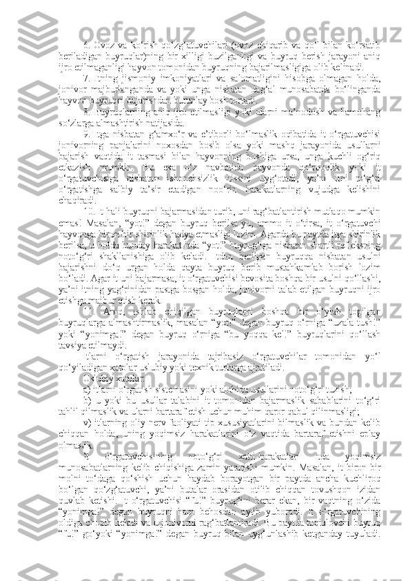 6.  Ovoz   va   ko‘rish   qo‘zg‘atuvchilari   (ovoz   chiqarib   va   qo‘l   bilan   ko‘rsatib
beriladigan   buyruqlar)ning   bir   xilligi   buzilganligi   va   buyruq   berish   jarayoni   aniq
ijro etilmaganligi hayvon tomonidan buyruqning bajarilmasligiga olib kelinadi.
7.   Itning   jismoniy   imkoniyatlari   va   salomatligini   hisobga   olmagan   holda,
jonivor   majburlanganda   va   yoki   unga   nisbatan   dag‘al   munosabatda   bo‘linganda
hayvon buyruqni bajarishdan butunlay bosh tortadi.
8.   Buyruqlarning   aniq   ijro   etilmasligi   yoki   ularni   ma’nodosh   va   hamohang
so‘zlarga almashtirish natijasida.
9.   Itga   nisbatan   g‘amxo‘r   va   e’tiborli   bo‘lmaslik   oqibatida   it   o‘rgatuvchisi
jonivorning   panjalarini   noxosdan   bosib   olsa   yoki   mashq   jarayonida   usullarni
bajarish   vaqtida   it   tasmasi   bilan   hayvonning   boshiga   ursa,   unga   kuchli   og‘riq
etkazish   mumkin.   Bu   esa   o‘z   navbatida   hayvonda   qo‘rqoqlik   yoki   it
o‘rgatuvchisiga   nisbatan   ishonchsizlik   hissini   uyg‘otadi,   ya’ni   itni   to‘g‘ri
o‘rgatishga   salbiy   ta’sir   etadigan   noo‘rin   harakatlarning   vujudga   kelishini
chaqiradi.
10. It hali buyruqni bajarmasidan turib, uni rag‘batlantirish mutlaqo mumkin
emas!   Masalan,   “yot!”   degan   buyruq   berilsa-yu,   ammo   it   o‘tirsa,   it   o‘rgatuvchi
hayvonga biron-bir shirinlik hadya etmasligi lozim. Agarda bu paytda itga shirinlik
berilsa, u holda bunday harakat itda “yot!” buyrug‘iga nisbatan shartli refleksning
noto‘g‘ri   shakllanishiga   olib   keladi.   Itdan   berilgan   buyruqqa   nisbatan   usulni
bajarishni   do‘q   urgan   holda   qayta   buyruq   berib   mustahkamlab   borish   lozim
bo‘ladi. Agar it uni bajarmasa, it o‘rgatuvchisi bevosita boshqa bir usulni qo‘llashi,
ya’ni itning yag‘rinidan pastga bosgan holda, jonivorni talab etilgan buyruqni ijro
etishga majbur etish kerak.
11.   Aniq,   ishlab   chiqilgan   buyruqlarni   boshqa   bir   o‘ylab   topilgan
buyruqlarga   almashtirmaslik,   masalan   “yot!”   degan   buyruq   o‘rniga   “uzala   tush!”
yoki   “yonimga!”   degan   buyruq   o‘rniga   “bu   yoqqa   kel!”   buyruqlarini   qo‘llash
tavsiya etilmaydi.
Itlarni   o‘rgatish   jarayonida   tajribasiz   o‘rgatuvchilar   tomonidan   yo‘l
qo‘yiladigan xatolar uslubiy yoki texnik turlarga ajratiladi.
Uslubiy xatolar:
a) itlarni o‘rgatish sistemasini yoki alohida usullarini noto‘g‘ri tuzish;
b)   u   yoki   bu   usullar   talabini   it   tomonidan   bajarmaslik   sabablarini   to‘g‘ri
tahlil qilmaslik va ularni bartaraf etish uchun muhim qaror qabul qilinmasligi;
v)  itlarning oliy nerv faoliyati tip xususiyatlarini  bilmaslik va bundan kelib
chiqqan   holda,   uning   yoqimsiz   harakatlarini   o‘z   vaqtida   bartaraf   etishni   eplay
olmaslik.
It   o‘rgatuvchisining   noto‘g‘ri   xatti-harakatlari   itda   yoqimsiz
munosabatlarning   kelib   chiqishiga   zamin   yaratishi   mumkin.   Masalan,   it   biron-bir
molni   to‘daga   qo‘shish   uchun   haydab   borayotgan   bir   paytda   ancha   kuchliroq
bo‘lgan   qo‘zg‘atuvchi,   ya’ni   butalar   orasidan   otilib   chiqqan   tovushqon   izidan
quvlab   ketishi.   It   o‘rgatuvchisi   “fu!”   buyrug‘ini   berar   ekan,   bir   vaqtning   o‘zida
“yonimga!”   degan   buyruqni   ham   behosdan   aytib   yuboradi.   It   o‘rgatuvchining
oldiga chopib keladi va u jonivorni rag‘batlantiradi. Bu paytda taqiqlovchi buyruq
“fu!”   go‘yoki   “yonimga!”   degan   buyruq   bilan   uyg‘unlashib   ketganday   tuyuladi. 