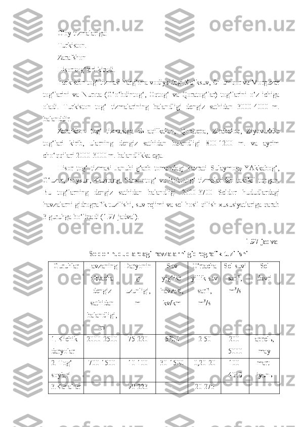 Oloy tizmalariga:
Turkiston. 
Zarafshon 
Hisor tog‘lari kiradi.
Turkiston tog‘ tizmasi Farg‘ona vodiysidagi Ko‘ksuv, CHumqor va Morguzar
tog‘larini   va   Nurota   (G‘o‘bdintog‘,   Oqtog‘   va   Qoratog‘lar)   tog‘larini   o‘z   ichiga
oladi.   Turkiston   tog‘   tizmalarining   balandligi   dengiz   sathidan   3000-4000   m.
balanddir.
Zarafshon   tog‘   tizmasiga   CHaqilkalon,   Qoratepa,   Zirabuloq,   Ziyovuddin
tog‘lari   kirib,   ularning   dengiz   sathidan   balandligi   800-1200   m.   va   ayrim
cho‘qqilari 2000-3000 m. balandlikka ega.
Hisor   tog‘   tizmasi   Janubi-g‘arb   tomondagi   hazrati   Sulaymon,   YAkkabog‘,
G‘uzor,   Boysun,   Kuzitang,   Surxontog‘   va   Bobotog‘   tizmalaridan   tashkil   topgan.
Bu   tog‘larning   dengiz   sathidan   balandligi   2000-3700   Seldor   h ududlardagi
havzalarni gidrografik tuzilishi, suv rejimi va sel hosil qilish xususiyatlariga qarab
3 guruhga bo‘linadi (1.97-jadval).
1.97-jadval
Seldor  h ududlardagi havzalarni gidrografik tuzilishi
Guruhlar Havzaning
o‘rtacha
dengiz
sathidan
balandligi,
m Daryonin
g
uzunligi,
m Suv
yig‘ish
havzasi,
kv/km O‘rtacha
yillik suv
sarfi,
m 3
/s Sel suvi
sarfi,
m 3
/s Sel
davri
1.   Kichik 
daryolar 2000-2500 75-220 5300 2-50 200-
5000 aprelь,
may
2.   Tog‘ 
soylari 700-1500 10-100 30-1500 0,20-20 100-
4000 mart-
iyunь
3.Kanallar - 90-223 - 20-270 - - 