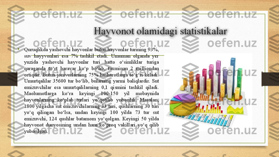 Hayvonot ola m idagi statistikalar
• Quruqlikda yashovchi hayvonlar butun hayvonlar turining 93%, 
suv  hayyvonlari  esa  7%  tashkil  etadi.  Umuman  olganda  yer 
yuzida  yashovchi  hayvonlar  turi  hatto  o‘simliklar  turiga 
qaraganda  to‘rt  baravar  ko‘p  bo‘lib,  taxminan  2  milliondan 
ortiqdir.  Butun  jonivorlarning  75%  hasharotlarga  to‘g‘ri  keladi. 
Umurtqalilar  35600  tur  bo‘lib,  bularning  yarmi  baliqlardir.  Sut 
emizuvchilar  esa  umurtqalilarning  0,1  qismini  tashkil  qiladi. 
Maolumotlarga  ko‘ra  keyingi  100-150  yil  mobaynida 
hayvonlarning  ko‘plab  turlari  yo‘qotilib  yuborildi.  Masalan, 
1800  yilgacha  sut emizuvchilarning  33  turi,  qushlarning  30  turi 
yo‘q  qilingan  bo‘lsa,  undan  keyingi  100  yilda  73  tur  sut 
emizuvchi,  124  qushlar  batamom  yo‘qolgan.  Keyingi  50  yilda 
hayvonot  dunyosining  undan  ham  ko‘proq  vakillari  yo‘q  qilib 
yuborilgan.  