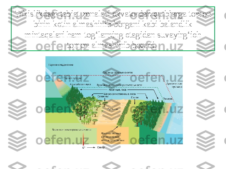 Tekislikdagi tabiat zonalari ekvatordan qutblarga tomon 
birin-ketin almashinib borgani kabi balandlik 
mintaqalari ham tog‘larning etagidan suvayirg‘ich 
tomon almashinib boradi.  