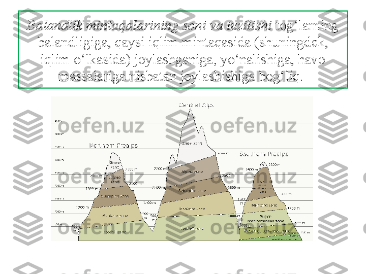 Balandlik mintaqalarining soni va tuzilishi  tog‘larning 
balandligiga,  qaysi iqlim mintaqasida (shuningdek, 
iqlim o‘lkasida) joylashganiga, yo‘nalishiga, havo 
massalariga nisbatan joylashishiga bog‘liq.  