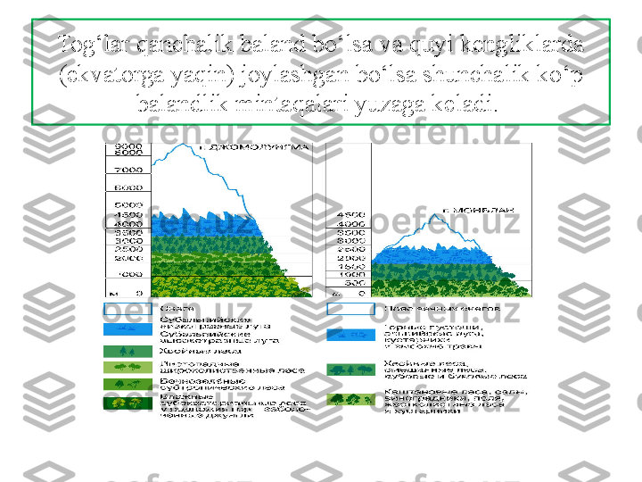 Tog‘lar qanchalik baland bo‘lsa va quyi kengliklarda 
(ekvatorga yaqin) joylashgan bo‘lsa shunchalik ko‘p 
balandlik mintaqalari yuzaga keladi.  