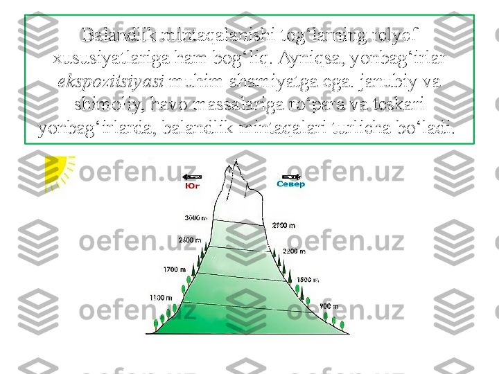 Balandlik mintaqalanishi tog‘larning relyef 
xususiyatlariga ham  bog‘liq. Ayniqsa, yonbag‘irlar 
ekspozitsiyasi  muhim ahamiyatga ega. janubiy va 
shimoliy, havo massalariga ro‘para va teskari 
yonbag‘irlarda, balandlik mintaqalari turlicha bo‘ladi.  