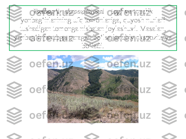 Yonbag‘ir ekspozitsiyasi –  tog‘ va tepalik 
yonbag‘irlarining ufq tomonlariga, quyosh nurlari 
tushadigan tomonga nisbatan joylashuvi. Masalan,
yonbag‘ir janubga qaragan bo‘lsa janubiy ekspozitsiya 
bo‘ladi. 