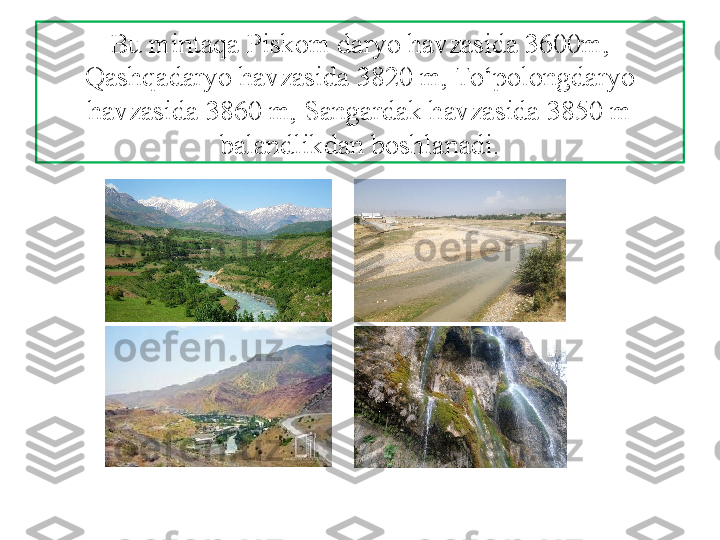 Bu mintaqa Piskom daryo havzasida 3600m, 
Qashqadaryo havzasida 3820 m, To‘polongdaryo 
havzasida 3860 m,  Sangardak havzasida 3850 m 
balandlikdan boshlanadi. 