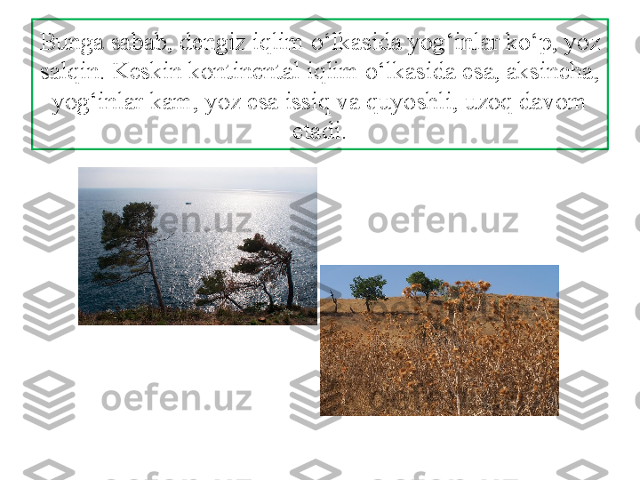 Bunga sabab, dengiz iqlim o‘lkasida yog‘inlar ko‘p, yoz 
salqin. Keskin kontinental iqlim o‘lkasida esa, aksincha, 
yog‘inlar kam, yoz esa issiq va quyoshli, uzoq davom 
etadi. 