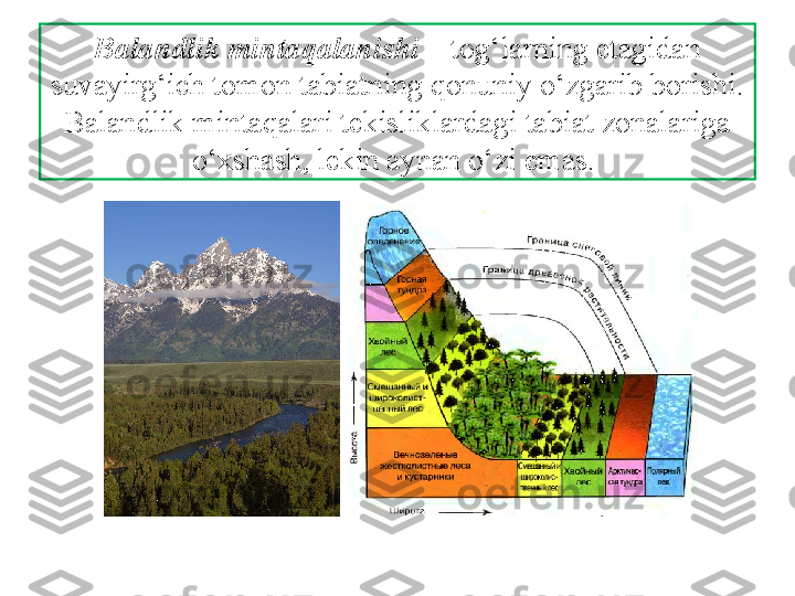 Balandlik mintaqalanishi  – tog‘larning etagidan 
suvayirg‘ich tomon  tabiatning qonuniy o‘zgarib borishi. 
Balandlik mintaqalari tekisliklardagi tabiat zonalariga 
o‘xshash, lekin aynan o‘zi emas.  