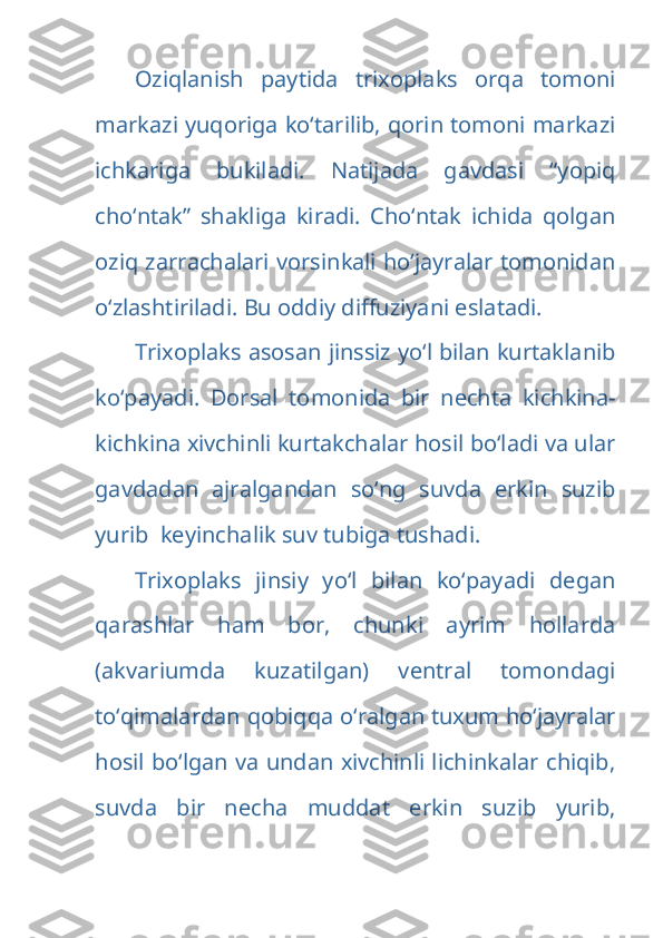 Oziqlanish   paytida   trixoplaks   orqa   tomoni
markazi yuqoriga ko‘tarilib, qorin tomoni markazi
ichkariga   bukiladi.   Natijada   gavdasi   “yopiq
cho‘ntak”   shakliga   kiradi.   Cho‘ntak   ichida   qolgan
oziq zarrachalari vorsinkali ho‘jayralar tomonidan
o‘zlashtiriladi. Bu oddiy diffuziyani eslatadi. 
Trixoplaks asosan jinssiz yo‘l bilan kurtaklanib
ko‘payadi.   Dorsal   tomonida   bir   nechta   kichkina-
kichkina xivchinli kurtakchalar hosil bo‘ladi va ular
gavdadan   ajralgandan   so‘ng   suvda   erkin   suzib
yurib  keyinchalik suv tubiga tushadi. 
Trixoplaks   jinsiy   yo‘l   bilan   ko‘payadi   degan
qarashlar   ham   bor,   chunki   ayrim   hollarda
(akvariumda   kuzatilgan)   ventral   tomondagi
to‘qimalardan qobiqqa o‘ralgan tuxum ho‘jayralar
hosil bo‘lgan va undan xivchinli lichinkalar chiqib,
suvda   bir   necha   muddat   erkin   suzib   yurib, 