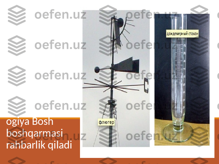 Oʻzbekistonda 
G.x.ga 1992-
yildan 
Oʻzbekiston 
Respublikasi 
Vazirlar 
Mahkamasi 
huzuridagi 
Gidrometeorol
ogiya Bosh 
boshqarmasi 
rahbarlik qiladi 