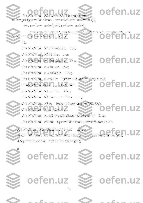       this->listView1->Columns->AddRange(gcnew        
cli::array< System::Windows::Forms::ColumnHeader^  >(7) {
        this->columnHeader1, this->columnHeader2,
                    this->columnHeader3,   this->columnHeader4,   this->columnHeader5,   this-
>columnHeader6, this->columnHeader7
      });
      this->listView1->FullRowSelect = true;
      this->listView1->GridLines = true;
      this->listView1->HideSelection = false;
      this->listView1->LabelEdit = true;
      this->listView1->LabelWrap = false;
      this->listView1->Location = System::Drawing::Point(16, 87);
      this->listView1->Name = L"listView1";
      this->listView1->Scrollable = false;
      this->listView1->ShowItemToolTips = true;
      this->listView1->Size = System::Drawing::Size(682, 397);
      this->listView1->TabIndex = 1;
      this->listView1->UseCompatibleStateImageBehavior = false;
      this->listView1->View = System::Windows::Forms::View::Details;
this->listView1->ItemSelectionChanged += gcnew       
System::Windows::Forms::ListViewItemSelectionChangedEventHandler(this, 
&MyForm::listView1_ItemSelectionChanged);
//
14 