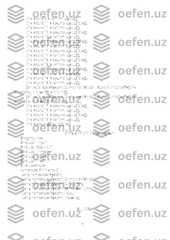       this->panel9->PerformLayout();
      this->panel11->ResumeLayout(false);
      this->panel11->PerformLayout();
      this->panel12->ResumeLayout(false);
      this->panel12->PerformLayout();
      this->panel13->ResumeLayout(false);
      this->panel13->PerformLayout();
      this->panel14->ResumeLayout(false);
      this->panel14->PerformLayout();
      this->panel15->ResumeLayout(false);
      this->panel15->PerformLayout();
      this->panel10->ResumeLayout(false);
      this->panel10->PerformLayout();
      this->panel18->ResumeLayout(false);
      this->panel18->PerformLayout();
      (cli::safe_cast<System::ComponentModel::ISupportInitialize^>(this-
>numericUpDown2))->EndInit();
      (cli::safe_cast<System::ComponentModel::ISupportInitialize^>(this-
>numericUpDown1))->EndInit();
      this->panel16->ResumeLayout(false);
      this->panel16->PerformLayout();
      this->panel17->ResumeLayout(false);
      this->panel17->PerformLayout();
      this->ResumeLayout(false);
Formalarni bir biriga boglash
#pragma once
#include "First.h"
#include "Second.h"
#include "Threeth.h"
#include "Fourth.h"
#include "Fiveth.h"
#include<map>
namespace Shifoxona {
           using namespace System;
  using namespace System::ComponentModel;
  using namespace System::Collections;
  using namespace System::Windows::Forms;
  using namespace System::Data;
  using namespace System::Drawing;
XULOSA
30 