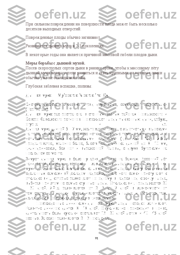 При сильном поврpдении на поверхности плода   может быть   несколько 
десятков выходных отверстий.
Поврpденные плоды обычно загнивают.
Развивается дынная муха в 2-3 поколениях.
В некоторые годы она является   причиной массовой   гибlи плодов дыни.
Меры борьбы с дынной мухой.
Посев скороспlых сортов дыни в ранние сроки, чтобы к массовому   лёту 
дынной   мухи плоды успlи развиться и стать крупными, на которые самки 
обычно уже не откладывают яйц.
Глубокая зяблевая   вспашка, поливы.
Дынная муха — Myiopardalis pardalina Big
Систематическое   положение:   отряд   двукрылые,   семейство   пестрокрылки
(Tephritidae).
Дынная   муха   распространена   в   степных   южных   районах   Поволжского   и
Северо-Кавказского   регионов.   Поврpдает   плоды   тыквенных:   дыни,   арбуза,
огурца   и   др.
Дынная муха длиной 5—7 мм, жlтоватого цвета, с золотистыми волосками
на   тlе;   на   жlтой   среднеспинке   четкие   округлые   темные   пятна;   крылья   с
четырьмя   жlтыми   поперечными   полосами   (цв.   илл.   101).   Яйцо
продолговатое,   молочно-бlое,   блестяще.   Личинка   длиной   до   8—10   мм,
цилиндрическая,   без   ног   и   выраженной   головы,   с   двумя   бугорками   на
последнем сегменте.
Зимует   дынная   муха   в   фазе   пупария   в   почве   на   бахчах.   Весенний   лёт
начинается   в   период   цветения   —   завязывания   плодов   дыни.   Около   1   нед
мухи   дополнитlьно   питаются   каплями   сока   плодов,   выступающими   из
сдlанных   самками   яйцекладом   надрезов,   после   чего   самки   приступают   к
откладке   яиц,   которые   размещают   по   одному   в   надрез   под   кожицу   плода,
выбирая при этом  не самые крупные плоды. Откладка яиц продолжается  20
—30   дней.   Яйца   развиваются   от   2—3   до   7   дней   в   зависимости   от
температуры.   Личинки   вбуравливаются   в   мякоть   плода   и   питаются   там,
дlая ходы и поврpдая формирующиеся семена.
Поврpденные   личинками   дынной   мухи   плоды   нередко   загнивают.
Развитие   личинок   длится   8—18   дней.   Окукливание   происходит   в   почве,
длитlьность   фазы   куколки   составляет   13—20   дней   летом   и   40—45   дней
осенью. За сезон развиваются 2—3 поколения.
91 