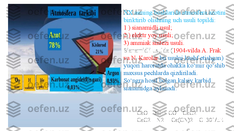 XX asming boshlarida atmosfera azotini 
biriktirib olishning uch usuli topildi: 
1 ) sianamidli usul; 
2 ) elektr yoy usuli; 
3) ammiak sintezi usuli.
Sianamidli usulda ( 1904-vilda A. Frak 
va N. Karolar  bu usulni kashf etishgan) 
yuqori haroratda ohakka ko‘mir qo‘shib 
maxsus pechlarda qizdiriladi.
So‘ngra hosil bolgan kalsiy karbid 
sianamidga aylanadi.
CaO + 3C  = CO + CaC2 
CaC2 + N2 =  Ca(CN)2 + С+301/uE 