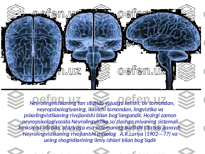     Neyrolingvistikaning fan sifatida vujudga kelishi, bir tomondan, 
neyropsixologiyaning, ikkinchi tomondan, lingvistika va 
psixolingvistikaning rivojlanishi bilan bogʻlangandir. Hozirgi zamon 
neyropsixologiyasida Neyrolingvistika soʻzlashga miyaning sistemali 
funksiyasi sifatida, afaziyaga esa sistemaning buzilishi sifatida qaraydi. 
Neyrolingvistikaning rivojlanishi psixolog   A.R.Luriya (1902—77) va 
uning shogirdlarining ilmiy ishlari bilan bogʻliqdir 