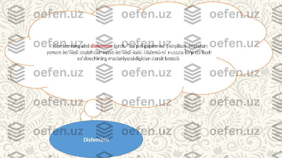 Evfemizmning aksi  disfemizm  (grek. “qo‘pol gapirmoq”) deyiladi. Masalan: 
yomon bo‘libdi  deyishdan  rasvo bo‘libdi kabi. Disfemizni   nutqda ko‘p qo‘llash 
so‘zlovchining madaniyatsizligidan darak beradi. 
Disfemizm 