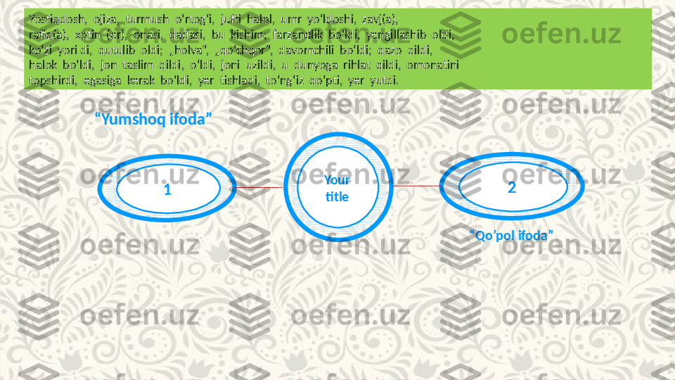 Your
title 2         “ Yumshoq ifoda”
“ Qo’pol ifoda”1Yostiqdosh,  ojiza,  turmush  o‘rtog‘i,  jufti  halol,  umr  yo‘ldoshi,  zavj(a), 
rafiq(a),  xotin  (er),  onasi,  dadasi,  bu  kishim;  farzandlik  bo‘ldi,  yengillashib  oldi, 
ko‘zi  yori di,  qutulib  oldi;  „holva“,  „qo‘chqor“,  davomchili  bo‘ldi;  qazo  qildi, 
halok  bo‘ldi,  jon  taslim  qildi,  o‘ldi,  joni  uzildi,  u  dunyoga  rihlat  qildi,  omonatini 
topshirdi,  egasiga  kerak  bo‘ldi,  yer  tishladi,  to‘ng‘iz  qo‘pti,  yer  yutdi. 