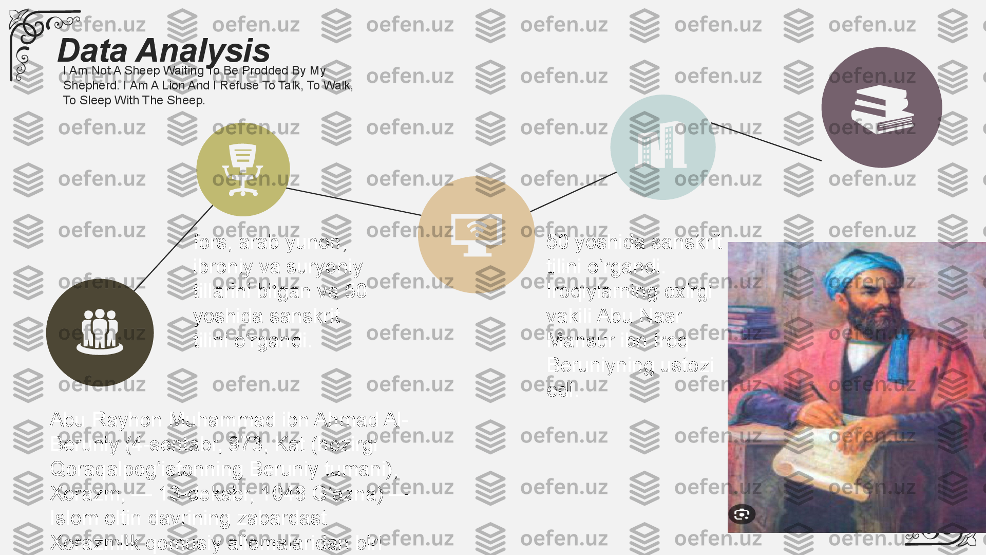 Data Analysis
I Am Not A Sheep Waiting To Be Prodded By My 
Shepherd. I Am A Lion And I Refuse To Talk, To Walk, 
To Sleep With The Sheep. 
Abu Rayhon Muhammad ibn Ahmad Al-
Beruniy (4-sentabr, 973, Kat (hozirgi 
Qoraqalpog istonning Beruniy tumani), ʻ
Xorazm, — 13-dekabr, 1048 G azna) — 	
ʻ
Islom oltin davrining zabardast 
Xorazmlik qomusiy allomalaridan biri fors, arab yunon, 
ibroniy va suryoniy 
tillarini bilgan va 50 
yoshida sanskrit 
tilini o rgandi.	
ʻ 50 yoshida sanskrit 
tilini o rgandi. 	
ʻ
Iroqiylarning oxirgi 
vakili Abu Nasr 
Mansur ibn Iroq 
Beruniyning ustozi 
edi. 