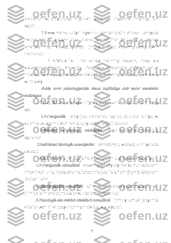 qiziqishlari   va   ehtiyojlariga   mutanosib   tarzda   uni   o’zgartirish   imkoniga   ham
egadir. 
        2. Shaxs   mehnat   tufayli   hayvonot   olamidan   ajralib   chiqqan.   Jamiyatda
rivojlanuvchi   til   yordami   bilan   boshqa   kishilar   bilan   (muloqot)   muomalaga
kirishuvchi   odam   shaxsga   aylanadi.   Ijtimoiy   mohiyati   shaxsning   asosiy   tavsifi
hisoblanadi. 
        3. Individuallik   -   har   qanday   insonning   betakror,   o’ziga   xos
xususiyatlarga   egadir.   Shaxsning   o’ziga   xos   qirralarining   mujassam-lashuvi
individuallikni   vujudga   keltiradi.   Individuallik   shaxsning   intellektual,   emosional
va irodaviy 
      Sobiq   sovet   psixologiyasida   shaxs   tuzilishiga   doir   qator   manbalar
keltirilgan . 
Jumladan,   S.L.Rubinshteyn   bo’yicha   shaxs   tuzilishi   quyidagi   ko’rinishga
ega: 
      1.Yo’nalganlik   -   ehtiyojlar,   qiziqishlar,   ideallar,   e'tiqodlar   faoliyat   va
xulqning ustuvor motivlari hamda dunyoqarashlarda ifodalanadi. 
    2.Bilimlar,   ko’nikmalar,   malakalar   -   hayot   va   faoliyat   jarayonida
egallanadi. 
  3.Individual tipologik xususiyatlar  - temperament, xarakter, qobiliyatlarda
aks etadi
    K.K.Platonov  ta'limotiga ko’ra shaxs tuzilishi quyidagicha shaklga ega: 
 1.Yo’nalganlik osttuzilishi   - shaxsning ahloqiy qiyofasi va munosabatlarini
birlashtiradi. Unda harakatchanlik, barqarorlik jadallik ko’lami (hajmi) darajalarini
farqlash lozim. 
 2.Ijtimoiy tajriba osttuzilishi  - ta'lim natijasida shaxsiy tajribada egallangan
bilimlar, ko’nikmalar, malakalar va odatlarni qamrab oladi.
 3.Psixologik aks ettirish shakllari osttuzilishi  - ijtimoiy turmush jarayonida
shakllanuvchi bilish jarayonlarining individual xususiyatlari. 
8 