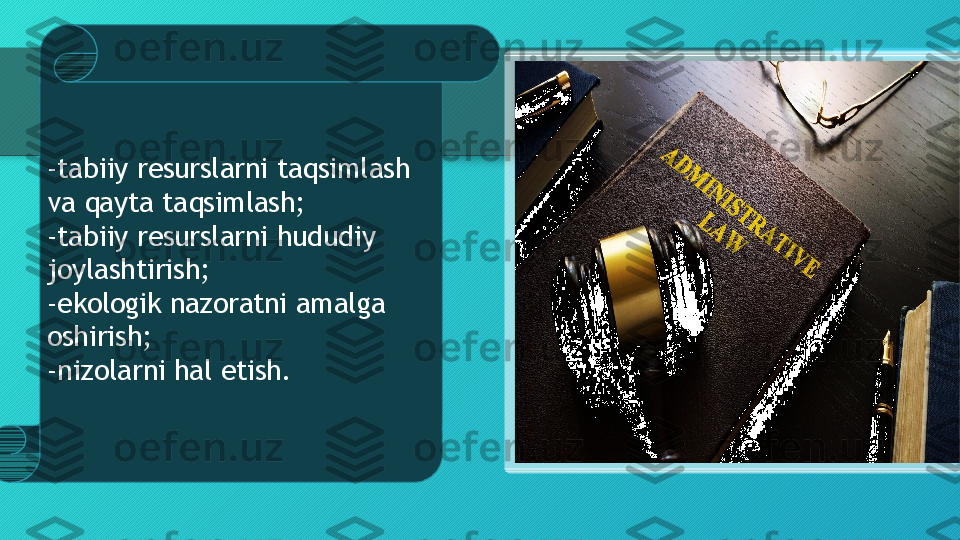 -tabiiy resurslarni taqsimlash 
va qayta taqsimlash;
-tabiiy resurslarni hududiy 
joylashtirish;
-ekologik nazoratni amalga 
oshirish;
-nizolarni hal etish.   