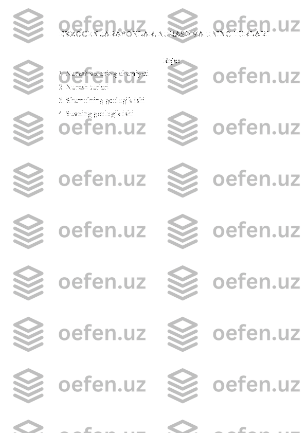 EKZOGEN JARAYO N LAR.  NURASH VA UNING TURLARI
Reja:
1. Nurash va uning ahamiyati 
2. Nurash turlari
3. Shamolning geologik ishi
4. Suvning geologik ishi 