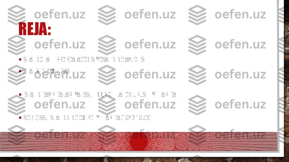 REJA:
• STALINCHA TERRORQATAGON SIYOSATINING AVJ OLISHI
• STALIN DIKTATURASI.
•   STALIN DAVRIDA JAMIYAT.SSJI IKKINCHI JAHON URUSHI YILLARIDA . 
• SOBIQ SSJI STALINNING OXIRGI YILLARIDA (1946-1953)  