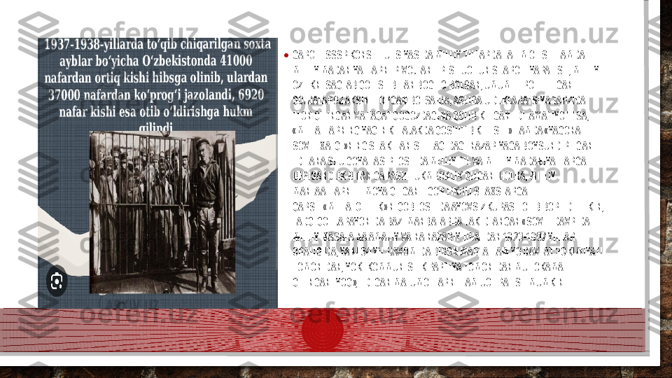 • GARCHI SSSR KONSTITUTSIYASIDA MILLIY TILLARDA TALIM OLISH HAMDA 
MILLIY MADANIYATLARNI RIVOJLANTIRISH UCHUN SHAROIT YARATISH, MILLIY 
OZLIKNI SAQLAB QOLISH BILAN BOGLIQ BOLGAN, UMUMETIROF ETILGAN 
QOIDALAROZ AKSINI TOPGAN BOLSA-DA, ASLIDA U DEKLARATSIYA TARZIDA 
ELON QILINGAN VA FAQAT QOGOZDAGINA QOLIB KETGAN EDI. AMALIYOT ESA, 
«MILLATLARNING YAQIN KELAJAKDA QOSHILIB KETISHI» HAMDA «YAGONA 
SOVET XALQI»NING SHAKLLANISHIHAQIDAGI NAZARIYAGA BOYSUNDIRILGAN 
EDI. ANA SHU GOYA TASIRI OSTIDA MILLIY TIL VA MILLIY MADANIYATLARGA 
BEPISANDLIK BILAN QARASH HUKMRONLIK QILGANI HOLDA, MILLIY 
MANFAATLARNI HIMOYA QILGAN ILGOR FIKRLI SHAXSLARGA 
QARSHI«MILLATCHILIK» NIQOBI OSTIDA AYOVSIZ KURASH OLIB BORILDI. LEKIN, 
TADQIQOT JARAYONIDA BAZI MANBALARDA TAKIDLANGAN «SOVET DAVRIDA 
MILLIY MASALA NA AMALIY VA NA NAZARIY JIHATDAN 1923-1987 YILLAR 
ORALIGIDA, YANI 64 YIL DAVOMIDA BIRON MARTA HAM YO DAVLAT HOKIMIYATI 
TOMONIDAN, YOKI KOMMUNISTIK PARTIYA TOMONIDAN MUHOKAMA 
QILINGANI YOQ», - DEGAN MALUMOTLARNI HAM UCHRATISH MUMKIN.  