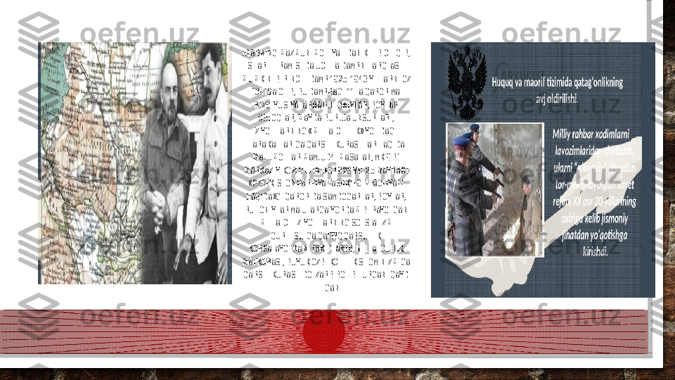 ULARNING MAZMUN-MOHIYATIDAN KELIB CHIQIB, 
SHARTLI RAVISHDA UCHTA DAVRNI FARQLASH 
MUMKIN: BIRINCHI DAVR 1925-1943 YILLARNI OZ 
ICHIGA OLIB, BU DAVRDAGI 11 TA QAROR VA 
REZOLYUSIYALARDA RUHONIYLAR, BOYLAR 
QULOQLAR, MAYDA BURJUA UNSURLARI, 
ZIYOLILARNING «MILLATCHILIK» YOLIDAGI 
HARAKATLARIGA QARSHI KURASHLAR HAQIDA 
MALUMOTLAR MAVJUD4. MASALAN, VKP(B) 
MARKAZIY KOMITETINING 1929 YIL 25 MAYDAGI 
«OZBEKISTON PARTIYA TASHKILOTI FAOLIYATI 
HAQIDA»GI QARORIDA SAVDOGARLAR, BOYLAR, 
RUHONIYLAR VA ULARGA YORDAM BERAYOTGAN 
MILLATCHI ZIYOLILARNING SOTSIALIZM 
QURILISHIGA QATTIQ QARSHILIK 
KORSATAYOTGANI TAKIDLANIB, MILLATCHILIK 
MAFKURASI, BUYUK OZBEKCHILIK SHOVINIZMIGA 
QARSHI KURASH DOLZARB BOLIB TURGANI QAYD 
ETILGAN.  