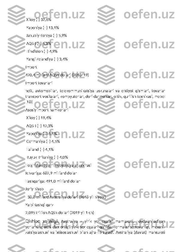  Xitoy (-) 32,6%
 Yaponiya (+) 13,1%
 Janubiy Koreya (+) 5,9%
 AQSH (+) 5,3%
 Hindiston (+) 4,9%
 Yangi Zelandiya (+) 3,4%
Import
420,4 milliard AQSh dollari (2018–19)
Import tovarlari
neft,   avtomobillar,   telekommunikatsiya   uskunalari   va   ehtiyot   qismlari,   tovarlar
transport vositalari, kompyuterlar, dori-darmonlar, oltin, qurilish texnikasi, mebel
[18]
Asosiy import hamkorlari
 Xitoy (-) 19,4%
 AQSH (+) 12,3%
 Yaponiya (+) 6,4%
 Germaniya (+) 4,5%
 Tailand (+) 4,1%
 Buyuk Britaniya (+) 4,0% 
To'g'ridan-to'g'ri investitsiyalar zaxirasi
Ichkariga: 682,9 milliard dollar
Tashqariga: 491,0 milliard dollar
Joriy hisob
−38,8 milliard Avstraliya dollari (2018 yil hisobi) 
Yalpi tashqi qarz
2,095 trillion AQSh dollari (2019 yil 1-ch)
Qishloq   xo’jaligi ;   Avstraliya   –   yirik   yer   egaligi   mamlakati.   Foydalaniladigan
yerlarning  80% dan  ortigʻi yirik  yer  egalari qoʻlida. Fermalar  sertovarligi, mexani-
zatsiyalashuvi   va   ixtisoslashuvi   bilan   ajra-lib   turadi.   Avstraliya   (davlat)   mahsuloti 