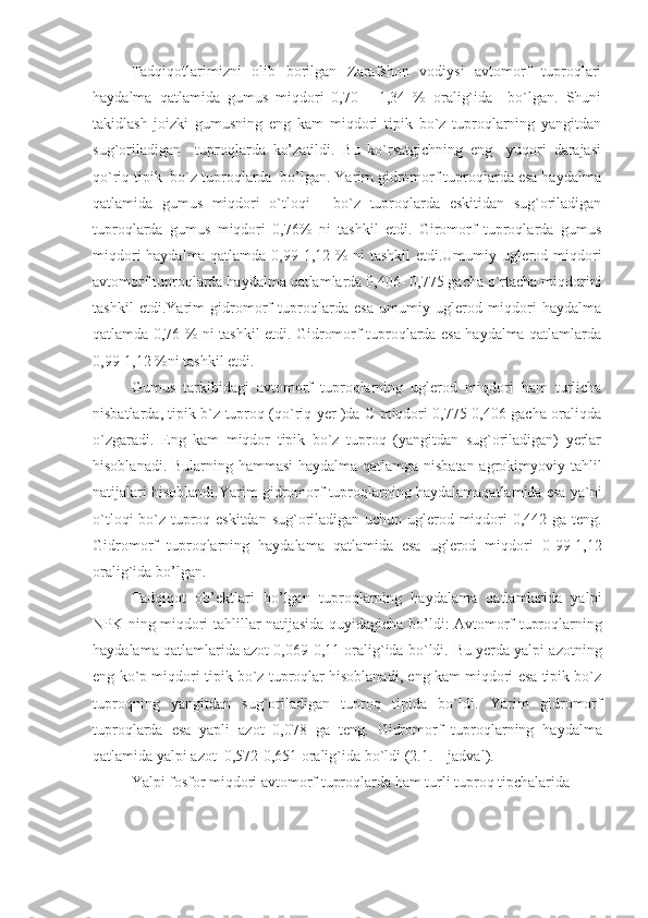 Tadqiqotlarimizni   olib   borilgan   Zarafshon   vodiysi   avtomorf   tuproqlari
haydalma   qatlamida   gumus   miqdori   0,70   -   1,34   %   oralig`ida     bo`lgan.   Shuni
takidlash   joizki   gumusning   eng   kam   miqdori   tipik   bo`z   tuproqlarning   yangitdan
sug`oriladigan     tuproqlarda   ko’zatildi.   Bu   ko`rsatgichning   eng     yuqori   darajasi
qo`riq tipik  bo`z tuproqlarda  bo’lgan. Yarim gidromorf tuproqlarda esa haydalma
qatlamida   gumus   miqdori   o`tloqi   -   bo`z   tuproqlarda   eskitidan   sug`oriladigan
tuproqlarda   gumus   miqdori   0,76%   ni   tashkil   etdi.   Giromorf   tuproqlarda   gumus
miqdori haydalma qatlamda 0,99-1,12 % ni tashkil etdi.Umumiy uglerod miqdori
avtomorf tuproqlarda haydalma qatlamlarda 0,406- 0,775 gacha o`rtacha miqdorini
tashkil   etdi.Yarim   gidromorf   tuproqlarda   esa   umumiy   uglerod   miqdori   haydalma
qatlamda 0,76 % ni tashkil etdi. Gidromorf tuproqlarda esa haydalma qatlamlarda
0,99-1,12 %ni tashkil etdi.
Gumus   tarkibidagi   avtomorf   tuproqlarning   uglerod   miqdori   ham   turlicha
nisbatlarda, tipik b`z tuproq (qo`riq yer )da C miqdori 0,775-0,406 gacha oraliqda
o`zgaradi.   Eng   kam   miqdor   tipik   bo`z   tuproq   (yangitdan   sug`oriladigan)   yerlar
hisoblanadi.   Bularning hammasi  haydalma qatlamga nisbatan agrokimyoviy tahlil
natijalari hisoblandi .Yarim gidromorf tuproqlarning haydalamaqatlamida esa ya`ni
o`tloqi-bo`z tuproq eskitdan sug`oriladigan uchun uglerod miqdori 0,442 ga teng.
Gidromorf   tuproqlarning   haydalama   qatlamida   esa   uglerod   miqdori   0-99-1,12
oralig`ida  bo’lgan.
Tadqiqot   ob’ektlari   bo’lgan   tuproqlarning   haydalama   qatlamlarida   yalpi
NPK ning miqdori   tahlillar   natijasida quyidagicha   bo’ldi:   Avtomorf tuproqlarning
haydalama qatlamlarida azot 0,069-0,11 oralig`ida bo`ldi.   Bu yerda yalpi azotning
eng ko`p miqdori tipik bo`z tuproqlar hisoblanadi, eng kam miqdori esa tipik bo`z
tuproqning   yangitdan   sug`oriladigan   tuproq   tipida   bo`ldi.   Yarim   gidromorf
tuproqlarda   esa   yapli   azot   0,078   ga   teng.   Gidromorf   tuproqlarning   haydalma
qatlamida yalpi azot  0,572-0,651 oralig`ida bo`ldi  (2.1 .  – jadval).
Yalpi fosfor miqdori avtomorf tuproqlarda ham turli tuproq tipchalarida 