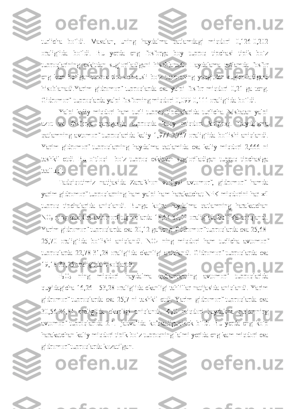        
turlicha   bo`ldi.   Masalan,   uning   haydalma   qatlamdagi   miqdori   0,126-0,202
oralig`ida   bo`ldi.   Bu   yerda   eng   fosforga   boy   tuproq   tipchasi   tipik   bo`z
tuproqlarining   eskitdan   sug`oriladigani   hisoblanadi.   Haydalama   qatlamda   fosfor
eng   kam   bo`lgan   tuproq   tipi   och   tusli   bo`z   tuproqning   yangitdan   sug`oriladigani
hisoblanadi.Yarim   gidromorf   tuproqlarda   esa   yalpi   fosfor   miqdori   0,21   ga   teng.
Gidromorf  tuproqlarda yalpi fosforning miqdori 0,099-0,111 oralig`ida bo`ldi.
Yalpi   kaliy   miqdori   ham   turli   tuproq   tipchalarida   turlicha.   Nisbatan   yalpi
azot   va   fosforga   qaraganda   tuproqda   kaliy   miqdori   ko`proq.   Haydalama
qatlamning   avtomorf   tuproqlarida   kaliy   1,977-2,767   oralig`ida   bo`lishi   aniqlandi.
Yarim   gidromorf   tuproqlarning   haydalma   qatlamida   esa   kaliy   miqdori   2,666   ni
tashkil   etdi.   Bu   o`tloqi   –bo`z   tuproq   eskitdan   sug`oriladigan   tuproq   tipchasiga
taalluqli.
Tadqiqotimiz   natijasida   Zarafshon   vodiysi   avtomorf,   gidromorf   hamda
yarim gidromorf tuproqlarning ham yalpi ham harakatchat NPK miqdorini har xil
tuproq   tipchalarida   aniqlandi.   Bunga   ko`ra   haydalma   qatlamning   harakatchan
NO
3   ning miqdori avtomorf tuproqlarda 18,63-30,11 oralig`ida bo`lishi  aniqlandi.
Yarim gidromorf tuproqlarda esa 20,12 ga teng. Gidromorf tuproqlarda esa 25,68-
25,70   oralig`ida   bo`lishi   aniqlandi.   NO
4   ning   miqdori   ham   turlicha   avtomorf
tuproqlarda   22,78-31,28   oralig`ida   ekanligi   aniqlandi.   Gidromorf   tuproqlarda   esa
19,18-33,25 oralig`ida hisoblandi.
P
2 O
5   ning   miqdori   haydalma   qatlamlarning   avtomorf   tuproqlarida
quyidagicha 16,26 - 53,28 oralig`ida ekanligi  tahlillar natijasida  aniqlandi. Yarim
gidromorf   tuproqlarda   esa   25,7   ni   tashkil   etdi.   Yarim   gidromorf   tuproqlarda   esa
30,56-34,81   oralig`ida   ekanligi   aniqlandi.   K
2 O   miqdori   haydalma   qatlamning
avtomorf   tuproqlarida   2.1.-   jadvalida   ko’rsatilganidek   b`ldi.   Bu   yerda   eng   ko`p
harakatchan kaliy miqdori tipik bo`z tuproqning lalmi yerida eng kam miqdori esa
gidromorf tuproqlarda kozatilgan. 