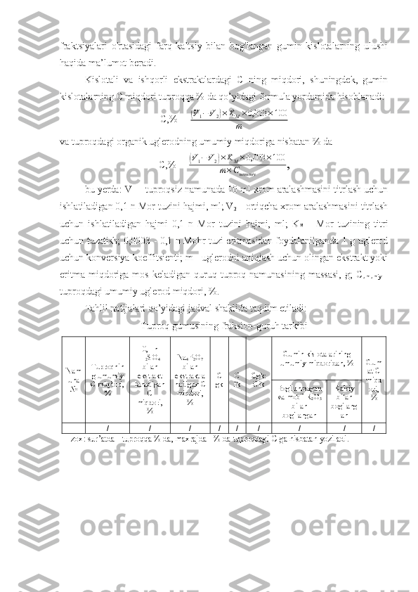 fraktsiyalari   o'rtasidagi   farq   kaltsiy   bilan   bog'langan   gumin   kislotalarning   ulushi
haqida ma’lumot beradi.
Kislotali   va   ishqorli   ekstraktlardagi   C   ning   miqdori,   shuningdek,   gumin
kislotalarning C miqdori tuproqqa % da qo’yidagi formula yordamida hisoblanadi:
C,% =  ( V
1 − V
2	) × K
M × 0,003 × 100
m
va tuproqdagi organik uglerodning umumiy miqdoriga nisbatan % da
C,% =  	
(V1−V2)×KM×0,003	×100	
m×Cumumiy ,
bu yerda: V
1  – tuproqsiz namunada 10 ml xrom aralashmasini titrlash uchun
ishlatiladigan 0,1 n Mor tuzini hajmi, ml; V
2  - ortiqcha xrom aralashmasini titrlash
uchun   ishlatiladigan   hajmi   0,1   n   Mor   tuzini   hajmi,   ml;   K
M   -   Mor   tuzining   titri
uchun tuzatish; 0,0003 - 0,1 n Mohr tuzi eritmasidan foydalanilganda 1 g uglerod
uchun konversiya koeffitsienti; m - uglerodni aniqlash uchun olingan ekstrakt yoki
eritma  miqdoriga  mos  keladigan   quruq  tuproq  namunasining  massasi,  g;   C
umumiy   -
tuproqdagi umumiy uglerod miqdori, %.
Tahlil natijalari qo’yidagi jadval shaklida taqdim etiladi:
Tuproq gumusining fraksion-guruh tarkibi
Nam
una
№ Tupro q nin
g umumiy
C miqdori,
% 0,1 n
H
2 SO
4
bilan
ekstrakt
lanadigan
C
miqdori,
% Na
4 P
2 O
7
bilan
ekstraktla
nadigan C
miqdori,
% C
gk C
fk Cgk:
Cfk Gumin kislotalarining
umumiy miqdoridan, % Gum
at  C
miqd
ori,
%Bog'lanmagan
va mobil R
2 O
3
bilan
bog'langan Kalsiy
bilan
bog'lang
an
1 / / / / / / / / /
     Izox :  sur ’ atda  -  tuproqqa  %  da ,  maxrajda  - %  da   tuproqdagi   C   ga   nisbatan   yoziladi . 