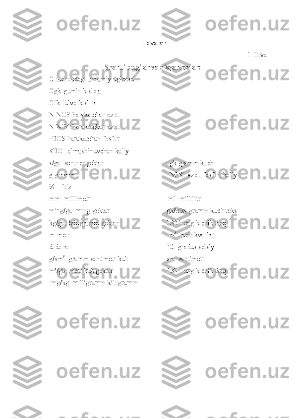Ilovalar
1-ilova
Shartli belgilar va qisqartmalar:
C-tuproqdagi umumiy uglerod
Ggk-gumin kislota
Gfk-fulvo kislota
N-NO3-harakatchan azot
N-NO4-harakatchan azot
P2O5-harakatchan fosfor
K2O –almashinuvchan kaliy
s/ga- sentner gektar                                          gk - gramm   kuch
g-gramm                                                            NPK- azot,   fosfor,   kaliy  
%   - foiz                                             
mm- millimetr                                               ml -  millilitr
ming/ga- ming gektar                                    gk / teks - gramm   kuch   teks
kg/ga- kilogramm gektar                              EKF- eng kichik farq
m -metr                                                            m 2
- metr  kvadrat
d-dona                                                           0
С -  gradus  s elsiy  
g/sm 3
- gramm santimet r   kub                        sm- santimetr
m 3
/ga - metr kub gektar                                 EKF- eng kichik farq
 mg/kg- milligramm ki logramm 